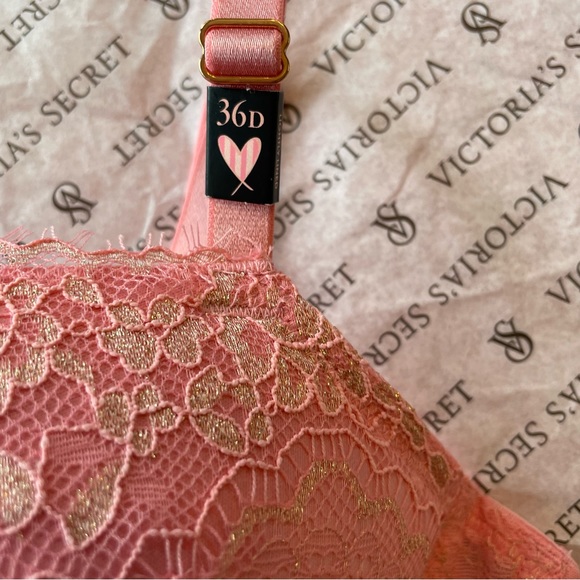 Victoria’s Secret Dream Angels Lined Demi Bra Peach Pink Gold Lace Size 36D - Picture 7 of 11